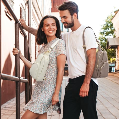 Kattee Sling Bag for Women, Leather Crossbody Bags for Travel, Beige. | Top grain pebbled cowhide leather fanny pack crossbody purse. Small chest bag with RFID blocking for travel. - color: Beige