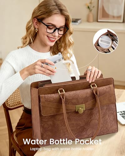 LOVEVOOK Laptop Tote Bag for Women, PU Leather Work Bag, Teacher Tote - color: Yellow-brown Embossed, size: 15.6inch
