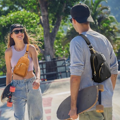 Kattee Sling Bag for Women, Leather Crossbody Bags for Travel, Black | Top grain pebbled cowhide leather fanny pack crossbody purse. Small chest bag with RFID blocking for travel. - color: Black