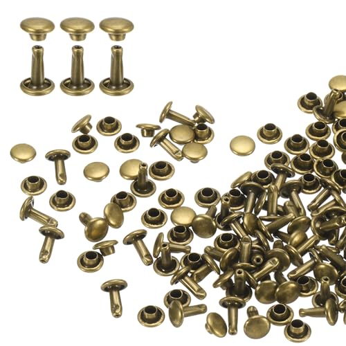 HARFINGTON 100 Sets Double Cap Leather Rivets, 6x8mm Round Cap Tubular Metal Studs Leather Crafting Rivets for Fabric Belt Pet Collar Boot Bag Repair and Decoration, Bronze - color: Bronze, size: 6x8mm