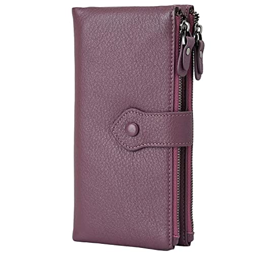 Bveyzi Women Soft Leather RFID Blocking Bifold Slim Wallets Ladies Credit Card Holder Double Zipper Pocket - color: Deep Plum