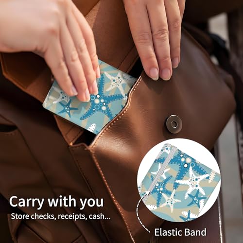 Checkbook Cover for Personal Checkbook, Cute PU Leather Check Book for Women & Men, Slim Checkbook Holder with Pen Holder and Built-in Clear Plastic Divider Beach Starfish - color: Beach Starfish