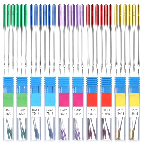 30 Pcs Universal Sewing Machine Needles Denim Needle for Sewing Machine Regular Point HAX1 65/9, 75/11, 90/14, 100/16, 110/18 for Thick Fabric Leather Jeans Canvas (Bright Color)