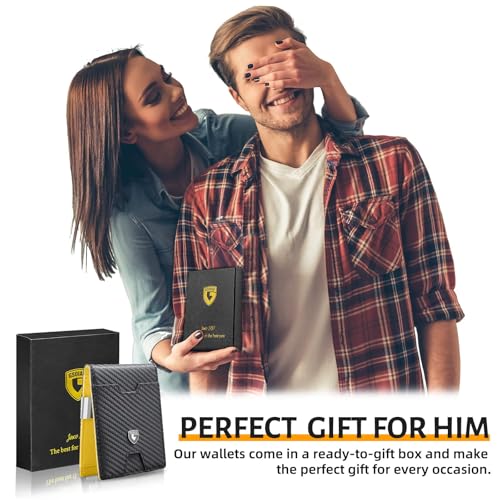 GSOIAX Men's Slim RFID Blocking Leather Wallet with Money Clip | Minimalist Carbon Fiber Bifold Credit Card Holder | 11 Card Slots | Gift Box Included(Carbon Yellow) - color: Carbon Yellow