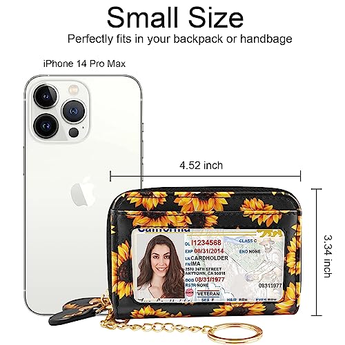 Credit Card Holder Small Double Zipper Card Wallet for Women with Keychain, Sunflower - color: Sunflower