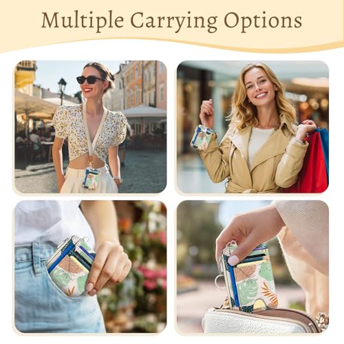 Kelvoris Credit Card Holder Small Wallet Women, Slim RFID, Abstract Leaves | Keychain, Zipper Coin Pocket, Front Pocket Thin Travel Card Case, Minimalist, 6 Card Slots, 1 ID Window, Ladies Gifts Woman - color: Leaf