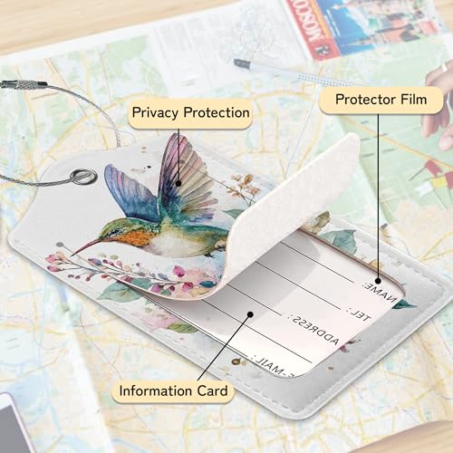 Hummingbird Flowers 3 Pack Luggage Tags for Suitcases, Cute Leather Name Tag with Privacy Cover with Stainless Steel Loops, Travel ID Bag Tags for Women Men - color: Hummingbird Flowers