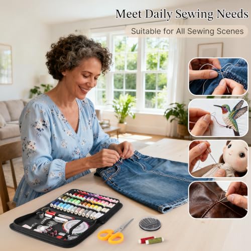 Coquimbo Sewing Kit Travel for Adults Beginner, 160 Pieces Sewing Supplies | Stocking Stuffers for Mom Grandma Wowen Girls, Neele and Thread Kit, with Scissors, Tape Measure, Thimble, Christmas Gifts - color: Black, size: XL