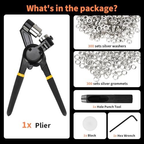Heavy Duty Grommet Tool Kit with Pliers, 12mm Metal Eyelets Tool Set with Hole Punch, 300pcs Silver Grommets, Leather Canvas Fabric Repair Kit for Tarps, Bags, Crafts, Clothes, DIY Projects (1/2‘’) - size: 1/2‘’