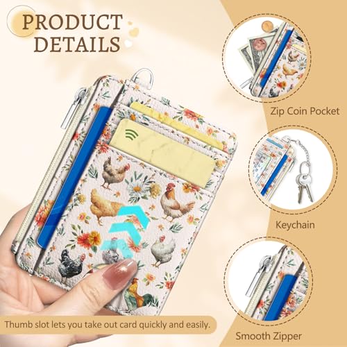 Kelvoris Credit Card Holder Small Wallet Women, Slim RFID, Chicken Rooster | Keychain, Zipper Coin Pocket, Front Pocket Thin Travel Card Case, Minimalist, 6 Card Slots, 1 ID Window, Ladies Gifts Woman - color: Chicken