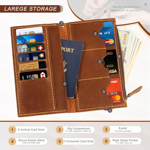 Robrasim Leather Wallet for Men and Women, Handmade Detachable Chain Wristlet Long Bifold Clutch with Large Capacity Zipper Coin Pocket (Brown, 7.87"x4.17") - color: Brown