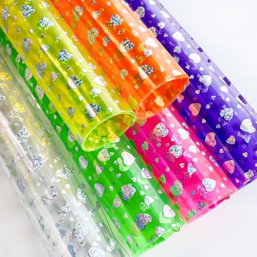 6 Pcs/Set 8.3"x11.8" Candy Color Jelly Vinyl Sheets, Fluorescent Neon Heart Pattern Clear PVC Faux Leather for Hair Bows Pouches Making, Laser Pattern - color: Laser