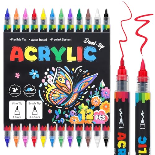 Dual Tip Acrylic Paint Pens, 12 Colors Acrylic Paint Markers with Fine & Brush Tip, Water-Based Permanent Paint Pens for Rock Painting, Canvas, Glass, Wood, Ceramic, Fabric DIY Crafts - color: 12 Colors Dual Tip Acrylic Paint Markers