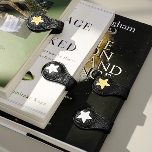 Ovesmusl 2Pcs PU Leather Star Magnetic Bookmarks with Pen Holder | Black and black set with double-sided magnets, gift box included, for books, notebooks, magazines, readers and teachers - style: Star (Black+Black)
