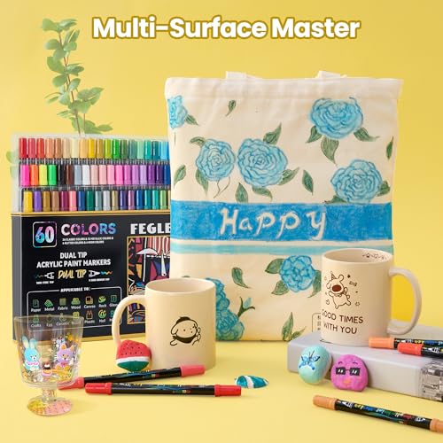 60 Colors Acrylic Paint Markers,Dual Tip Acrylic paint Pens Contain 12 Metallic Colors 6 Glitter and 6 Neon Markers for Rock Painting,Egg,Wood,Glass,Canvas,Ceramic,Crafts,Art Supplies - color: 60 Colors