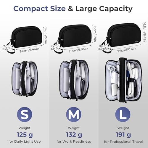 Skycase Travel Cable Organizer - Lightweight Water Resistant Dual-Layer Tech Pouch with Wrist Strap 9 Compartments Electronic Organizer Travel Case for Charger Cord Hard Drive,Large,Black - color: Black, size: L