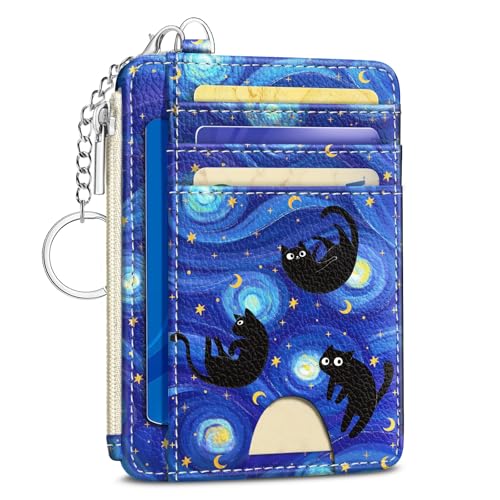 Kelvoris Credit Card Holder Small Wallet Women, Slim RFID, Blue Black Cat | Keychain, Zipper Coin Pocket, Front Pocket Thin Travel Card Case, Minimalist, 6 Card Slots, 1 ID Window, Ladies Gifts Woman - color: Black Cat Star Night