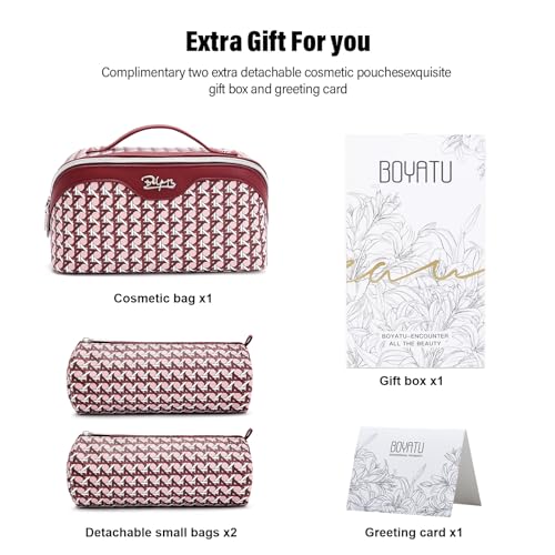 BOYATU Travel Makeup Bag Cosmetic Bags for Women: 3 Pcs Set Make up Bag | Large Capacity Waterproof Vegan Leather Organizer Bags with Compartments - Lay flat Toiletry with Handle (M-78Red) - color: M-78Red