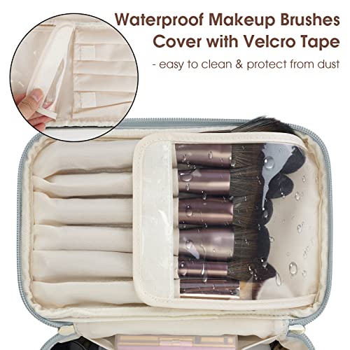 Wandering Nature Makeup Bag, Travel Make Up Organizer Cosmetic Brush Bags Case for Women in Vegan Leather, Grayish Blue, Patent Pending | Portable Make Up Essentials Organizer, Brush Bags for Skincare Cosmetic Lipstick, Eco Vegan Leather, Grayish Blue - c