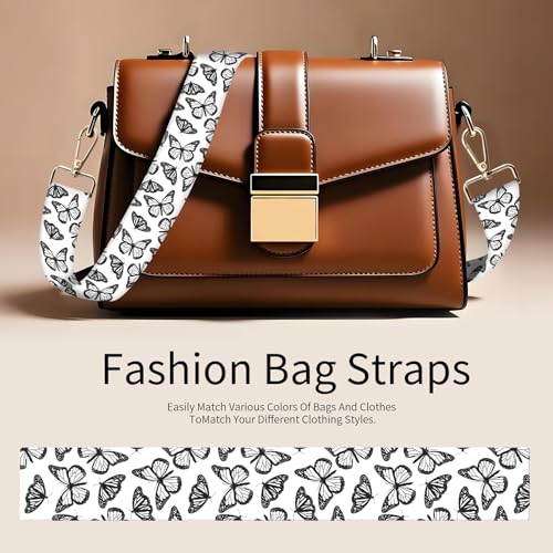 Purse Strap Replacement Crossbody 1.5" Wide Bag Strap, Adjustable Shoulder Straps for Women Handbags - color: Black White Butterfly