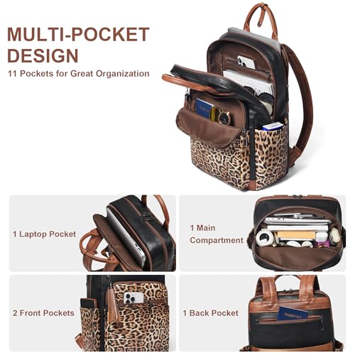 Laptop Backpack for Women 15.6 inch Travel Leather Backpack Purse Work Computer Backpacks for Business College Black With Leopard - color: Black With Leopard
