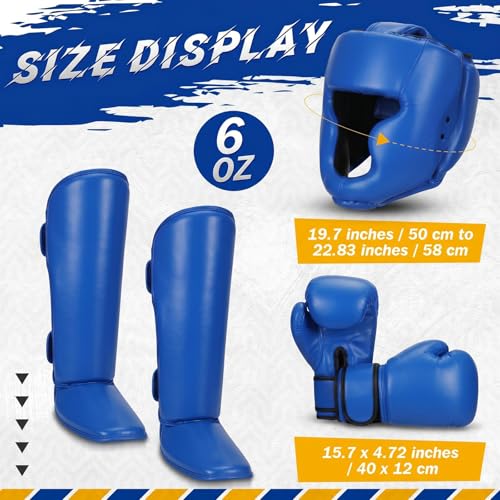 Arrowbash 5 Pcs Boxing Guards Set for Kids with Sparring Headgear, 6oz Boxing Gloves and Leg Shin Guards Wrestling Headgear for Youths Teens Boys Girls Kickboxing Karate Muay Thai BJJ Training - color: Blue