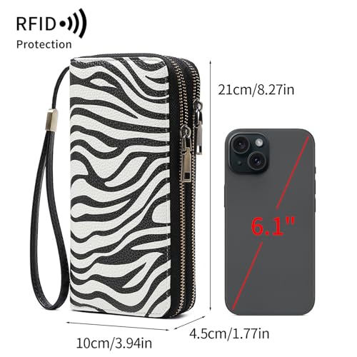 Women Leather Wallet Crossbody Shoulder Bag with Double Zipper and Mobile Phone Purse with Shoulder Strap - color: QB393-Zebra pattern