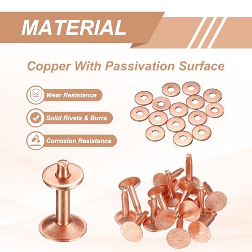 HARFINGTON 15Set Copper Rivets and Burrs Washers 11x3.3x16mm Dimpled Finish Solid Leather Rivet Fastener Studs Posts for Leather DIY Craft Belts Wallets Collars, Copper Tone - color: Copper Tone, size: 11x3.3x16mm