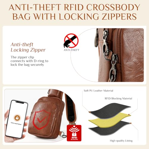 Sling Bag, Crossbody Bag with Anti-Theft Zipper & RFID Blocking for Travel Vegan Leather Crossbody Bags for Women - color: Coffee Brown