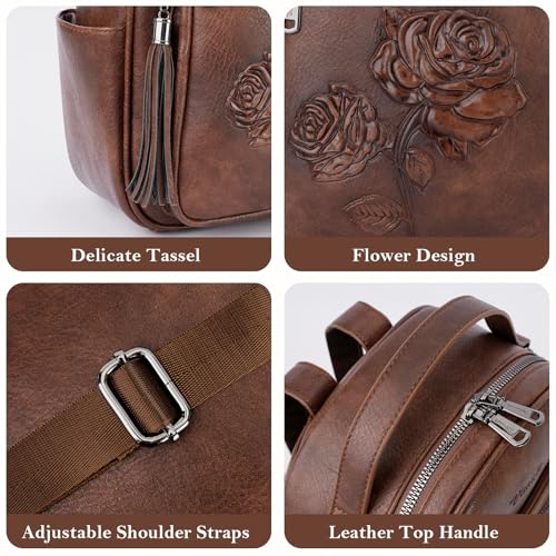 Mini Backpack Purse for Women,Vegan Leather Small Backpack for Daily | Embossed Lightweight Water-Resistance Travel Mini Fashion Daypack Bag,Ladies Casual Backpack Purse Gift Choice for Women - color: Coffee-flower