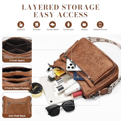Crossbody Bags for Women, Medium Vegan Leather Purses | Large Capacity Multi-Pocket Embossed Shoulder Bag with Boho Strap for Daily Travel - color: Brown