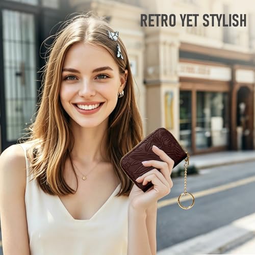 credit card holder for women，Embossed leather Rfid wallet women， KeyChain Wallet - color: coffee brown