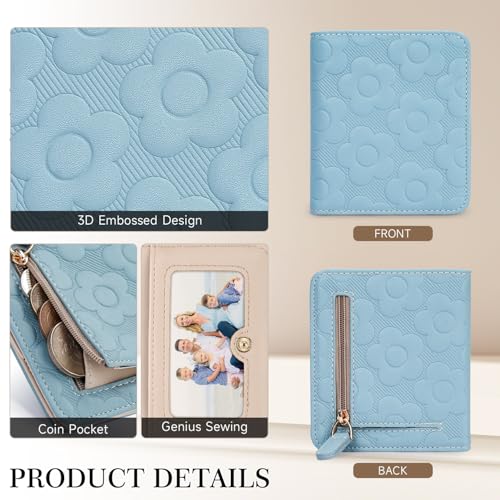 Small Wallet Women Slim RFID Leather Bifold Wallet Embossed Design | Compact design with ID window, card slots, and zipper coin pocket, ideal for daily travel, shopping, and gifts - color: 04-Blue