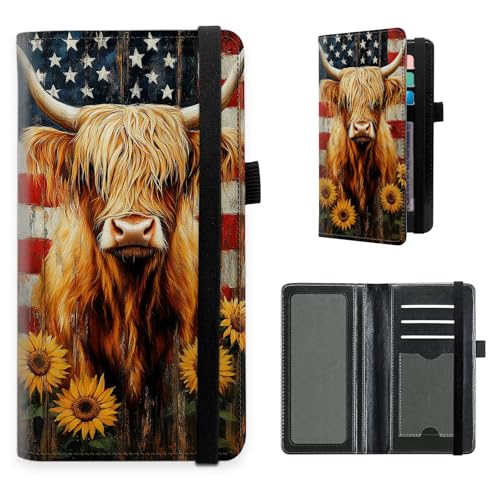 Checkbook Cover for Women and Men, RFID Blocking PU Leather Checkbook Holder Wallet Case with Elastic Strap & Multiple Card Slots, for Checks and Cards, American Highland Cow - color: American Highland Cow