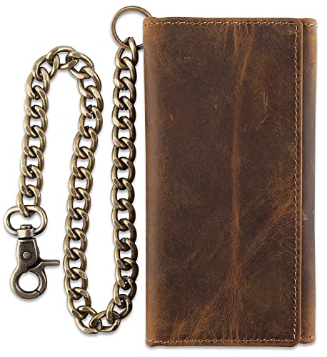 F&L CLASSIC RFID Blocking Mens Tri-fold Long Style Cowhide Leather Steel Chain Wallet,buffalo wax vintage leather,212 wax brown - color: buffalo wax vintage leather