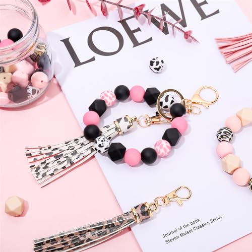 JarThenaAMCS Leopard Print and Cow Print Silicone Beads for Keychain Making Kit with 15mm Assorted DIY Silicone Beads Leather Tassels Key Rings for Office School Party Favors Decor