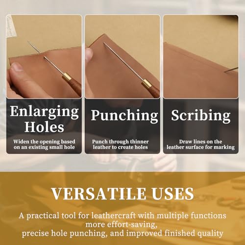 Diudus 3 Sizes Sewing Awl Tool, Leather Sewing Awl with Wooden Handle - color: 3 Pack Wood Color (Different Sizes)