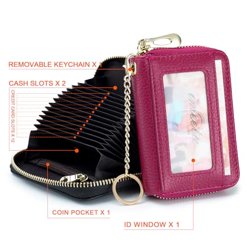 imeetu RFID Credit Card Holder, Small Card Wallet Women, Leather Card Case | Genuine Leather Women's Card & id Cases, Change Coin Purse with Zipper Keychain id Window, 20 Colors & 3 Styles, Daily, Gifts - color: Pro - Fuchsia, size: Pro
