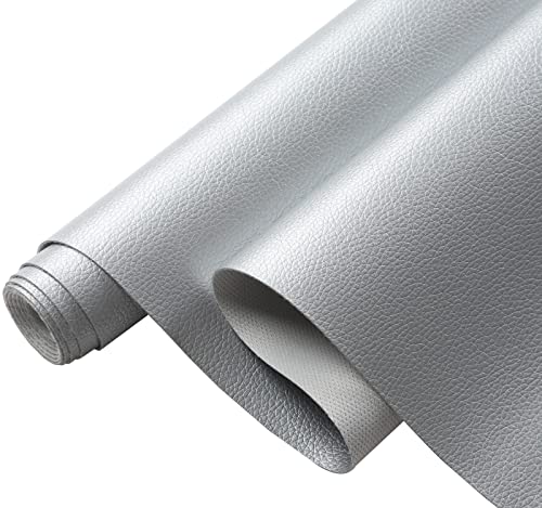 Picheng Pearlescent Faux Leather Fabric: 13.8" x 53" Soft Faux Leather Roll | Lychee Texture Solid Color Faux Leather Sheets Marine Vinyl for Making Crafts Leather Earrings Bows Sewing DIY (Silver) - color: Silver
