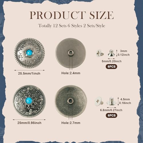 12 Sets Screw Back Buttons Faux Turquoise Round Conchos Vintage Castings Screw Back Button Western Style Leather Decorative for Clothes Shoes Belt Fabrics Sewing Bags 25mm - color: #04-Faux Turquoise-12 Sets