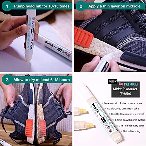 Wilkins Premium Midsole Marker for Customization Paint on Leather, Suede, Fabric and Soft Foam for 2-4 Pair of Shoes (White) - color: White