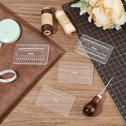 FINGERINSPIRE 4 PCS Clear Acrylic Leather Stitching Aid Plate 3/4/5/6mm Multifuction Stencil Template Leather Punching Tool Ruler Leather Stitching Aid Plate for Pulling Up Pricking Letherworking
