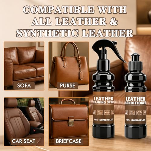 4-Piece Leather Cleaner & Conditioner Kit, 4oz Each | For purses, car seats, leather boots & small leather goods, fades surface stains & minor scuffs, kit with cloth & sponge