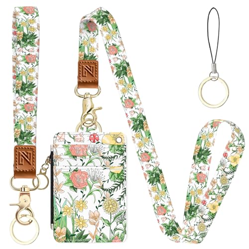 2-in-1 ID Badge Holder & Lanyard Wallet，Cute Zippered Pouch Flowers 2 | for Teachers,Nurse,Professionals，Removable Wristlet & Neck Lanyard,5 Card Slots Stylish Work Essential - color: Flowers 2