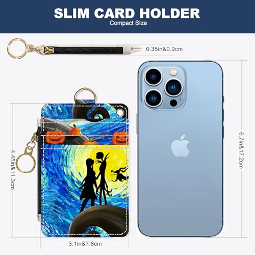 Slim Wallet Credit Card Holder, Stars and Couples, RFID Wallet Women Cute Small Front Pocket Wallet With Zipper, PU Leather Thin travel RFID Blocking Card Case ID Window,Ladies Gifts - color: Stars and Couples
