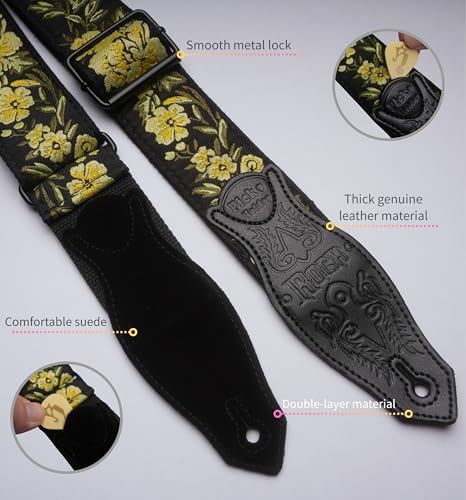 rockyou 2 Inch Woven Jacquard Embroidery Bass Guitar Strap With 4 Picks Pocket Suede Genuine Leather End (Vintage Yellow Rose) - color: Vintage Yellow Rose