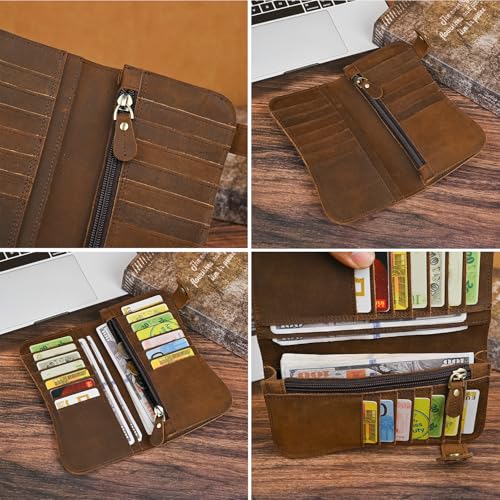 Genuine Crazy Horse Leather Travel Gift Coin Pocket Card Case Long Organizer Chain Rfid Wallet Purse With Snap For Men Male 1088 (1088 Dark Brown-Crocodile) - color: 1088 Dark Brown-Crocodile