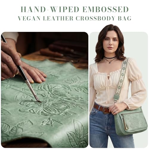 Crossbody Bags for Women, Medium Vegan Leather Purses | Large Capacity Multi-Pocket Embossed Shoulder Bag with Boho Strap for Daily Travel - color: Green