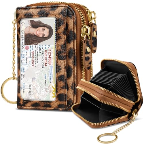Double Zipper Card Wallet Credit Card Holder Leopard Brown Leather Small Cute Card Wallet for Women with Keychain, Leopard - color: Leopard
