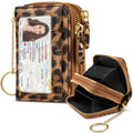 Double Zipper Card Wallet Credit Card Holder Leopard Brown Leather Small Cute Card Wallet for Women with Keychain, Leopard - color: Leopard